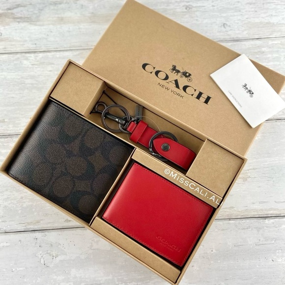 NWT COACH 3-in-1 Men’s Boxed Set Wallet Card Case Set - Red - Picture 8 of 16